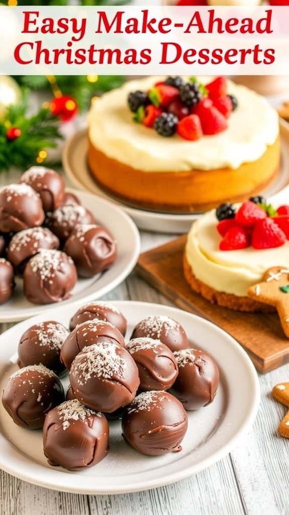 A collection of Christmas desserts including chocolate truffles, cheesecake, and gingerbread cookies on a festive table.